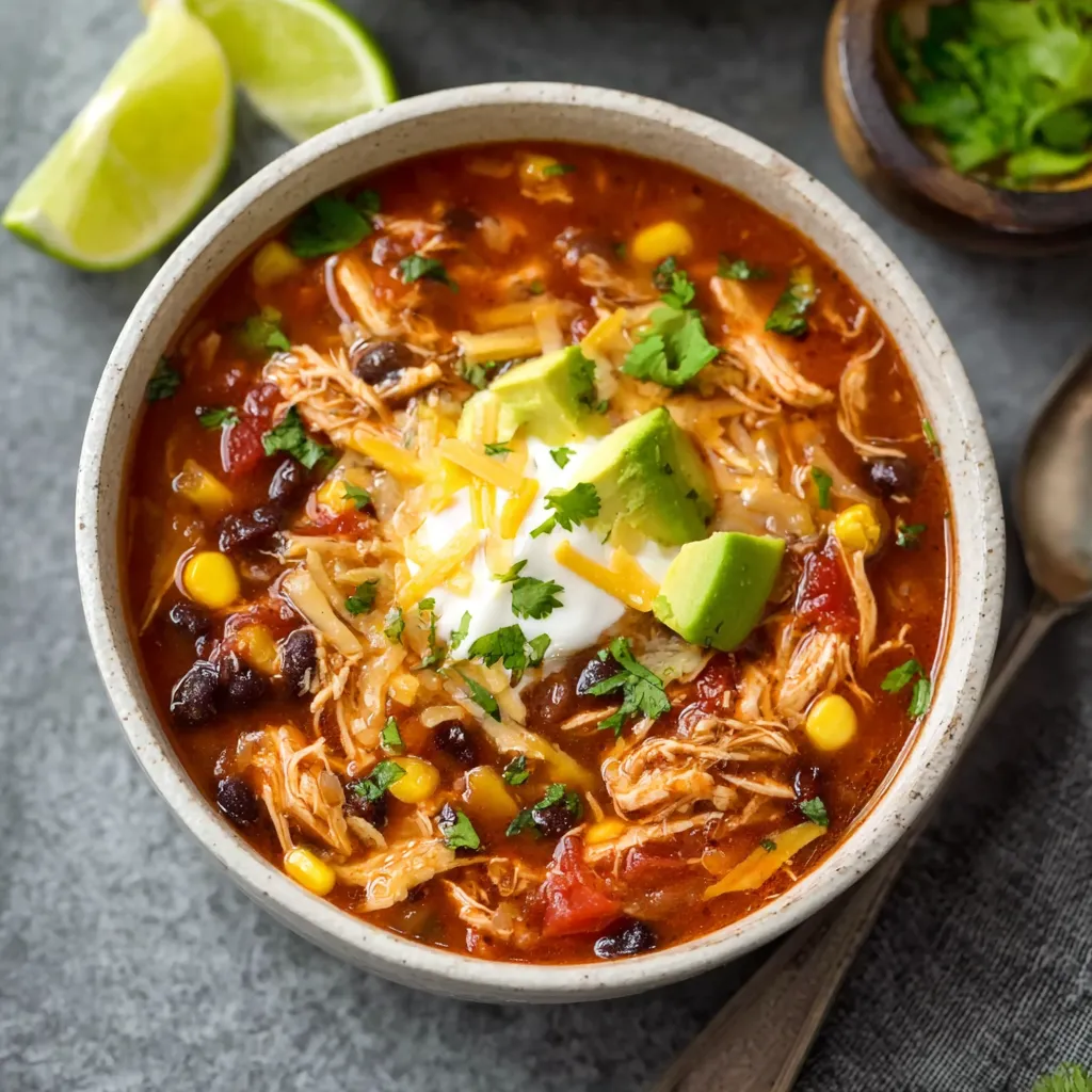 A bowl of soup with chicken and avocado.