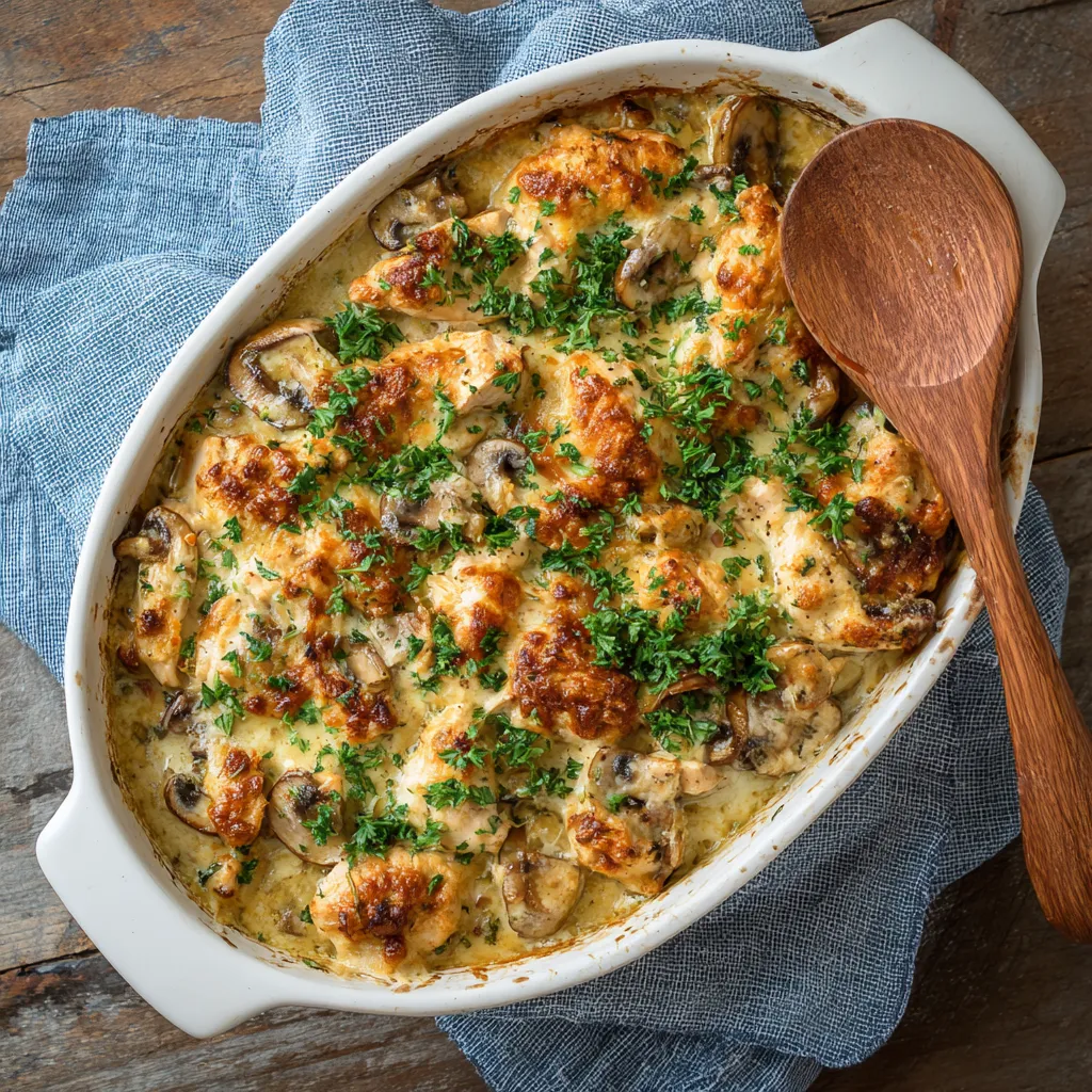 A white bowl filled with a low carb chicken casserole.