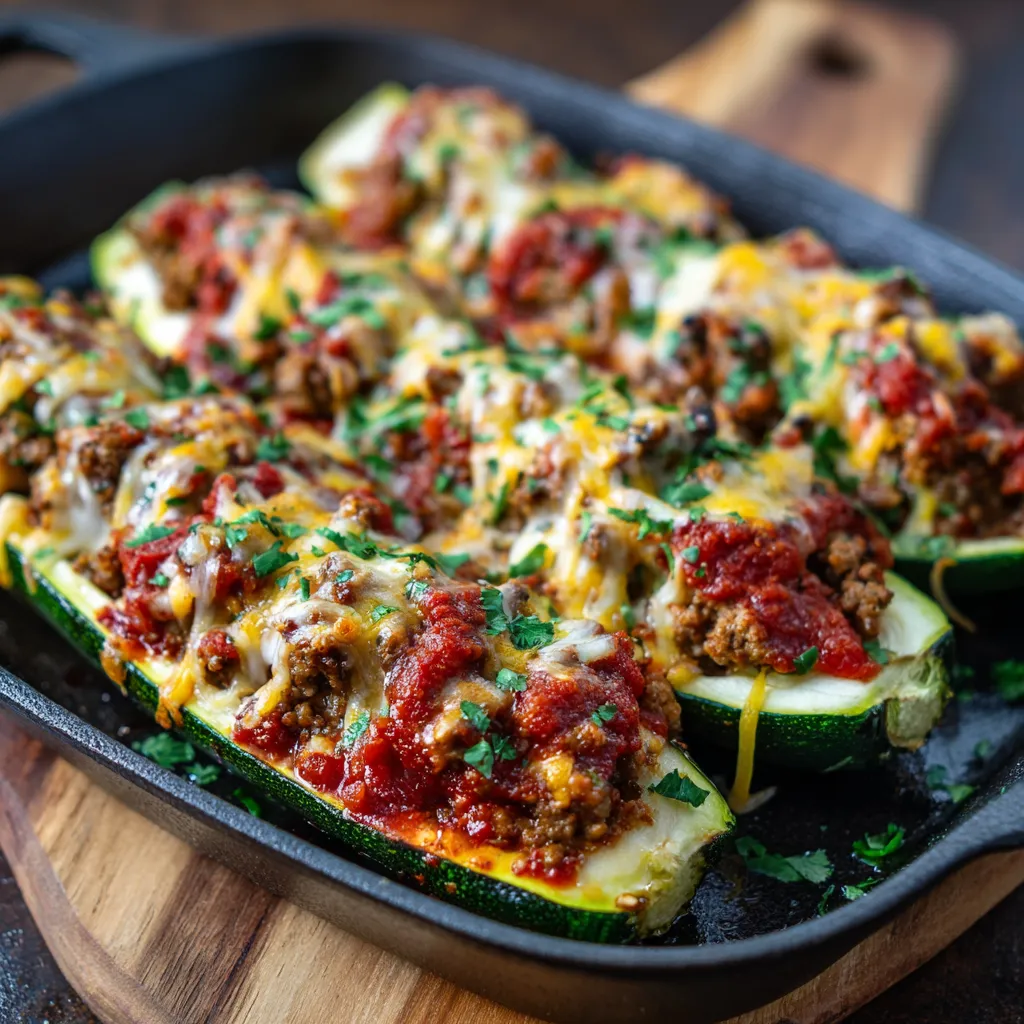 A pan of ground beef zucchini boats.