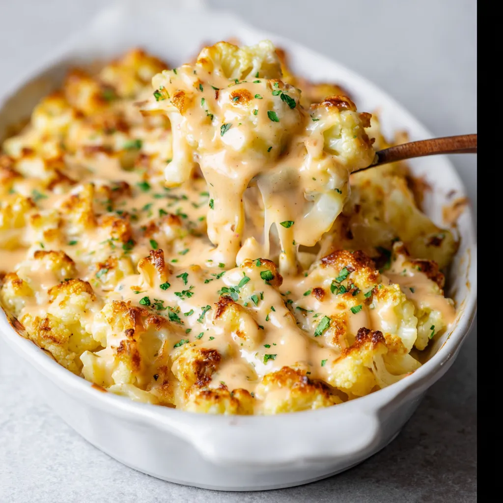 A white bowl filled with cauliflower mac and cheese.