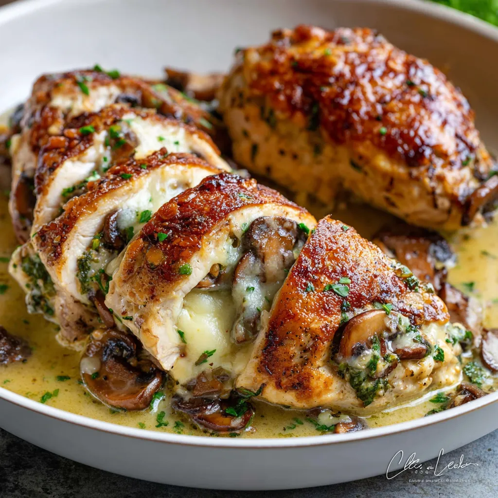 A plate of stuffed chicken with mushrooms and garlic butter.