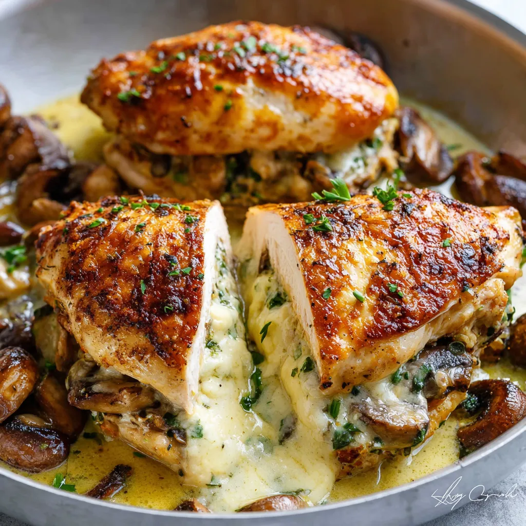 A plate of chicken with mushrooms and garlic butter.
