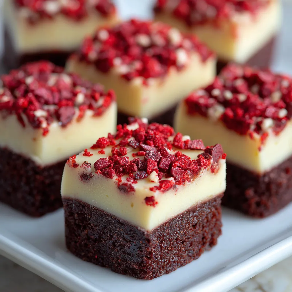 A plate of red velvet cheesecake brownies.