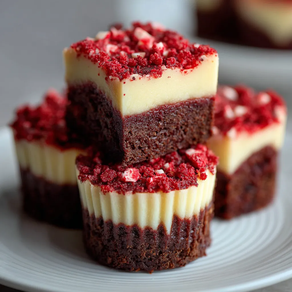 A stack of red velvet cheesecake brownies.