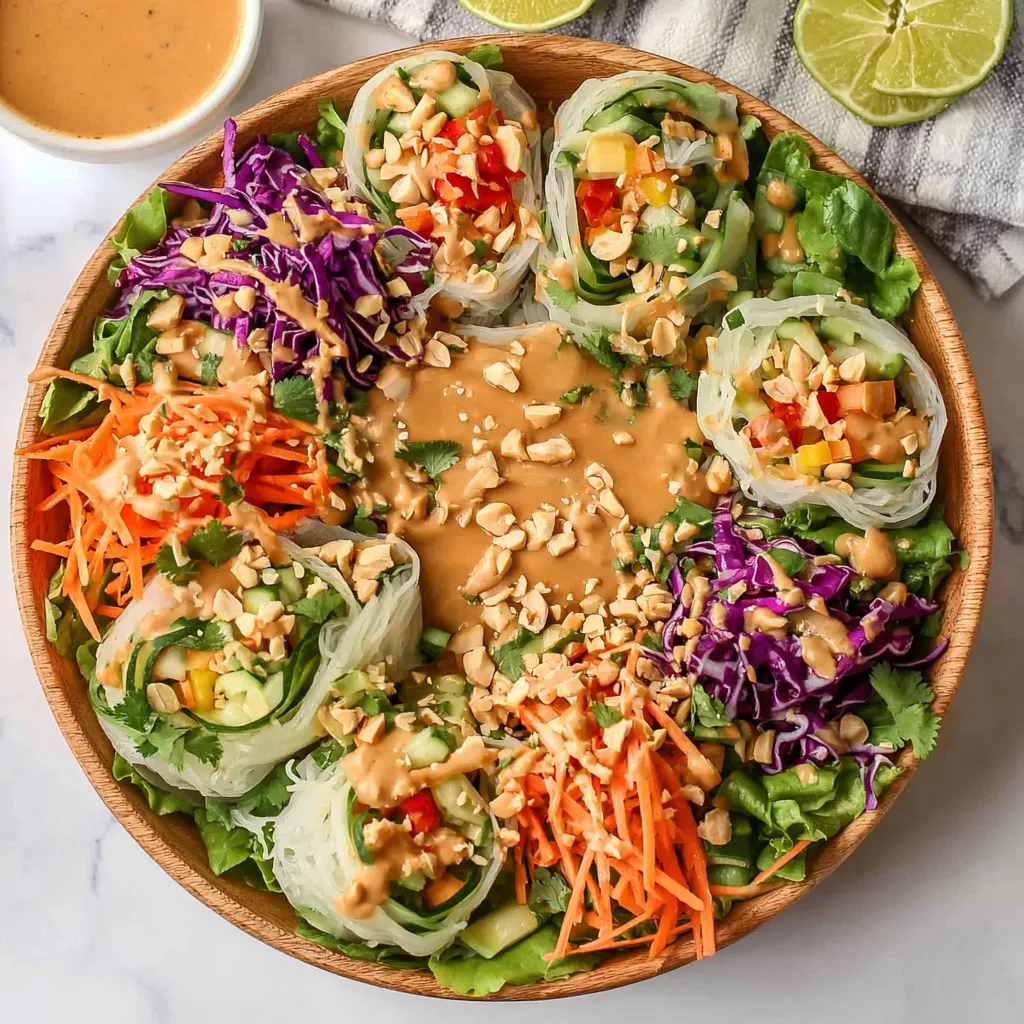A plate of spring roll salad with peanut sauce.