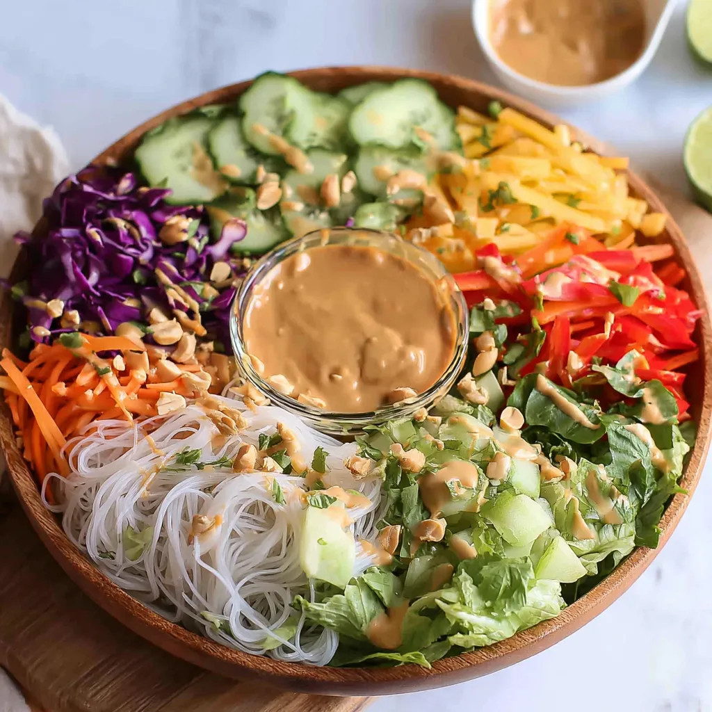 A bowl of spring roll salad with peanut sauce.