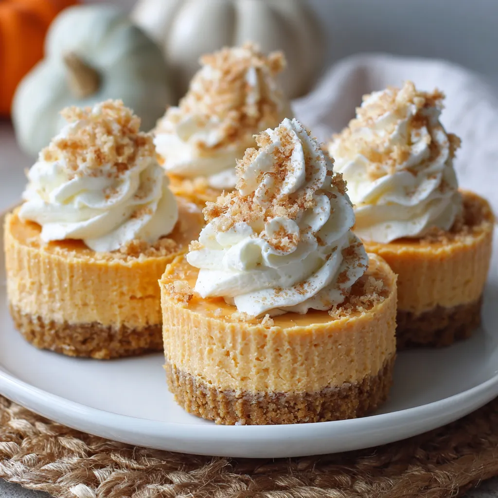 Three mini cheesecakes with white whipped cream and pumpkin toppings.