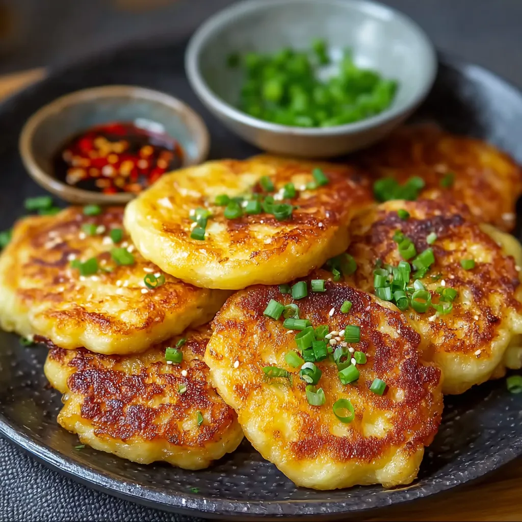 A plate of Korean potato cheese pancakes.