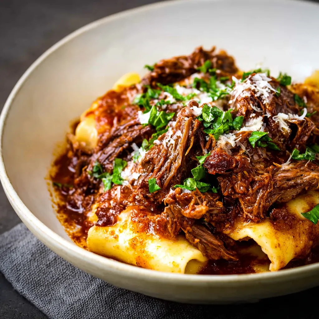 A bowl of short rib ragu with cheese and herbs.