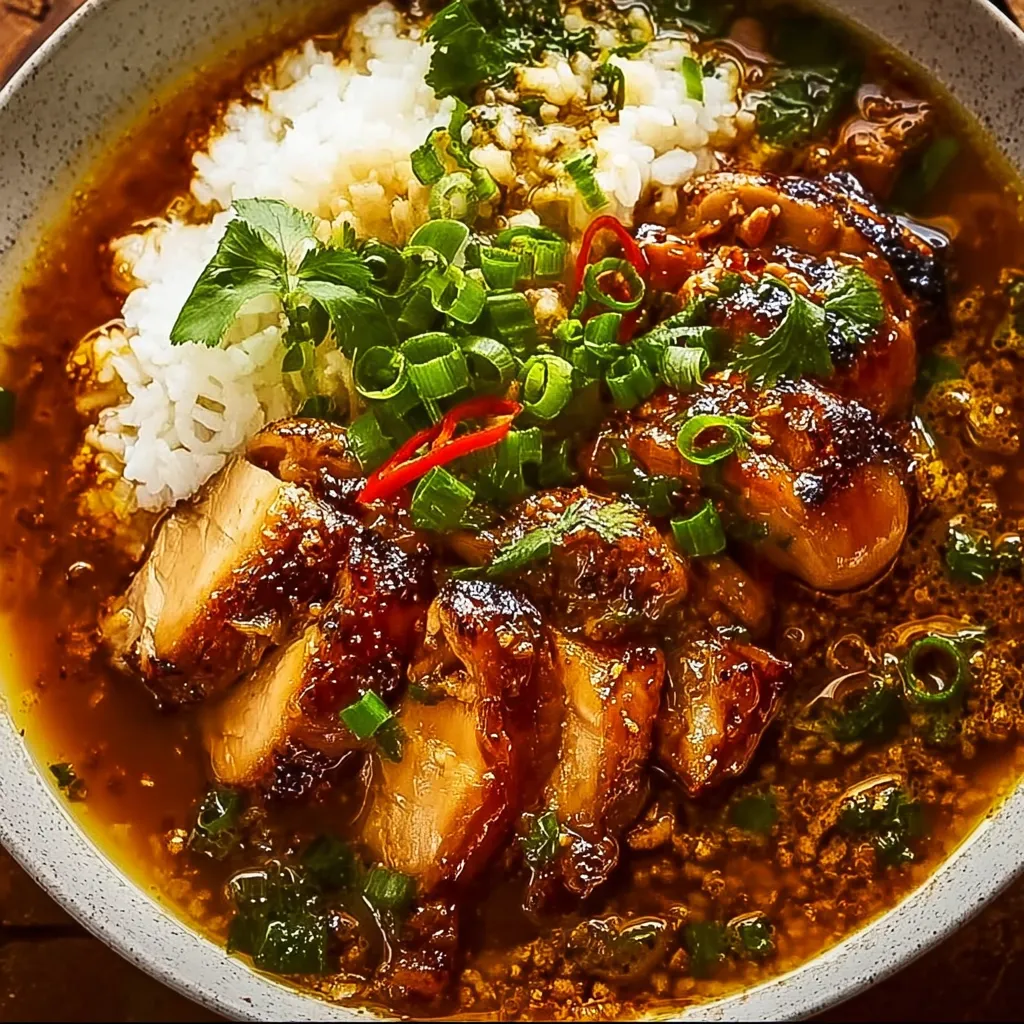 A bowl of food with rice, chicken, and vegetables.