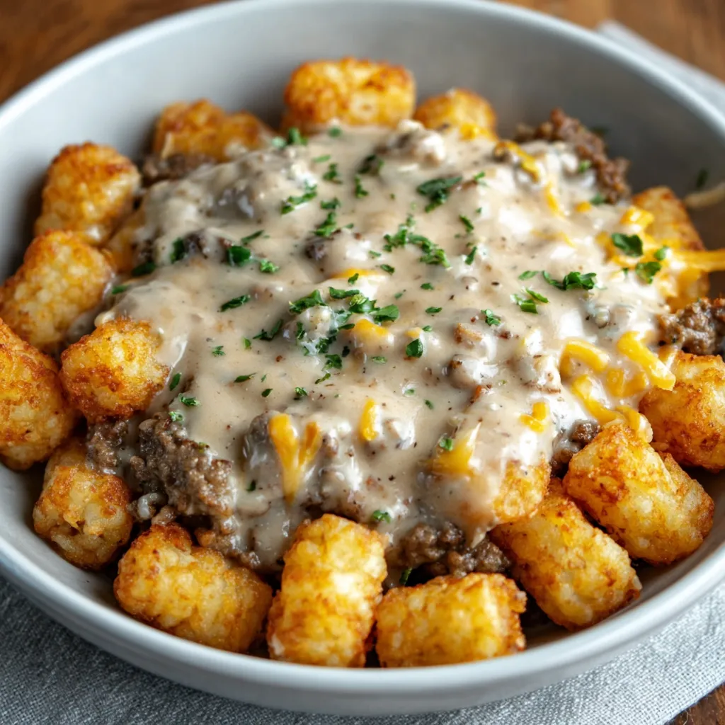 A bowl of tater tots with cheese and sausage.