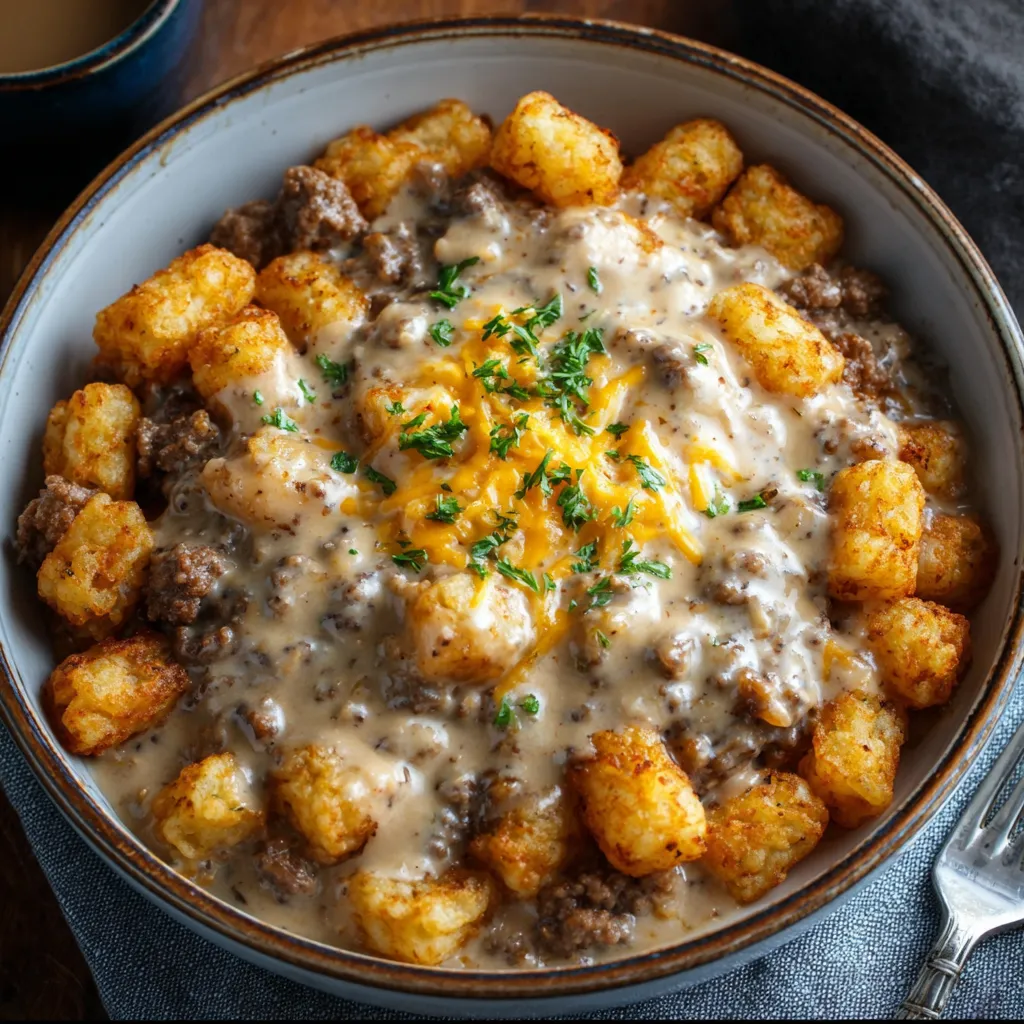 A bowl of tater tots with sausage gravy.