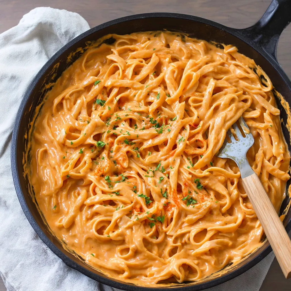 A bowl of creamy red pepper alfredo pasta.