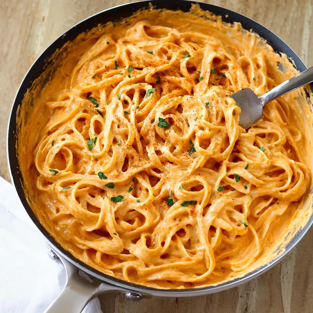 A bowl of creamy red pepper alfredo pasta.