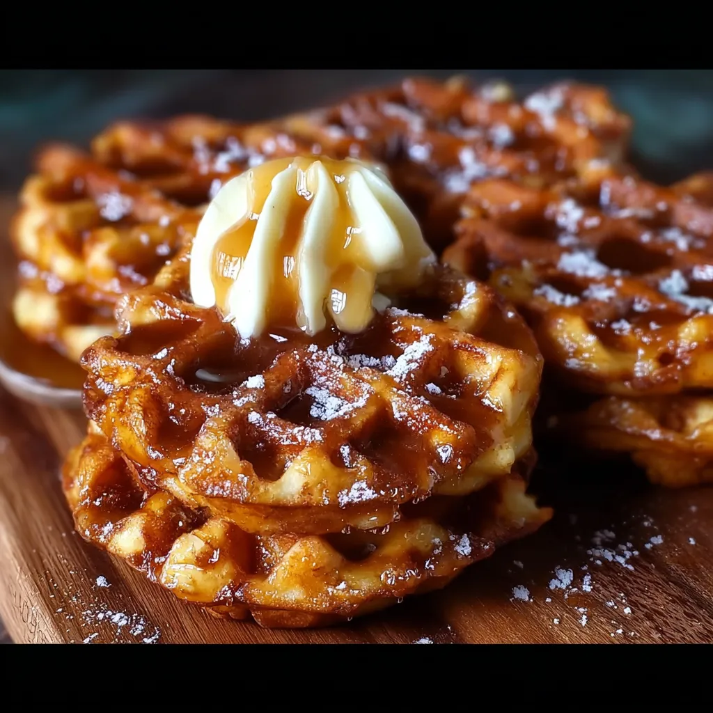 A stack of waffle donuts with a dollop of apple butter on top.