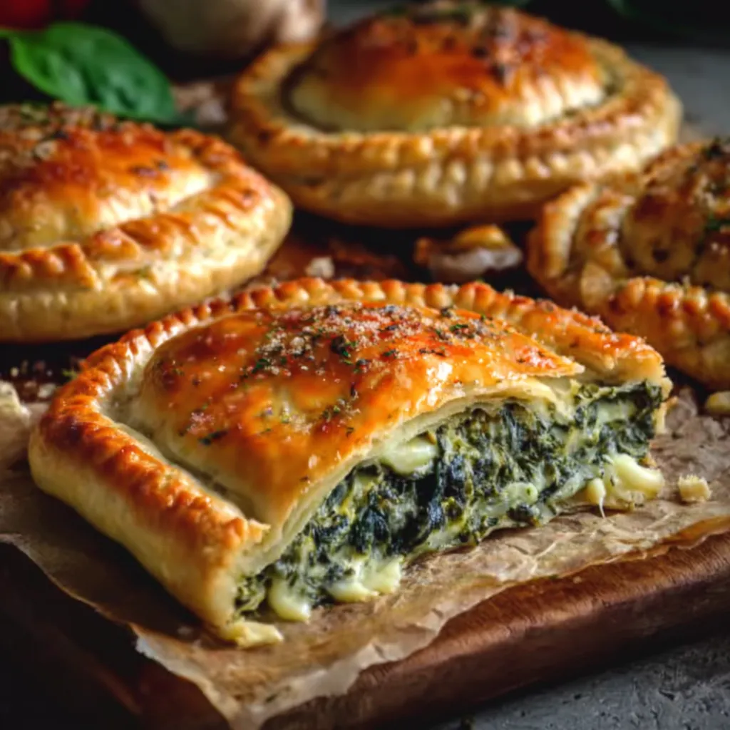 A spinach stuffed pie on a wooden board.