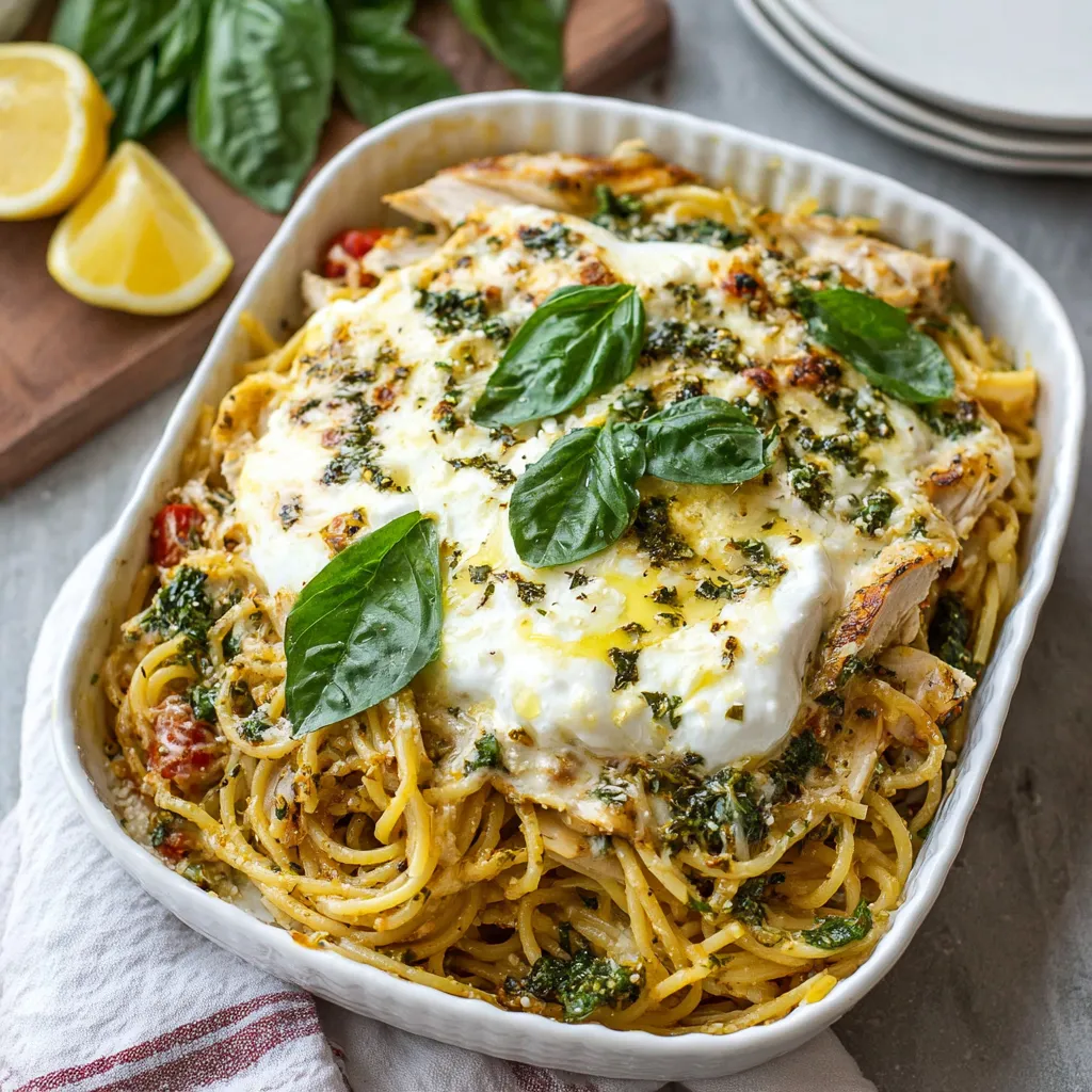 A dish of chicken spaghetti with burrata and lemon butter garlic sauce.