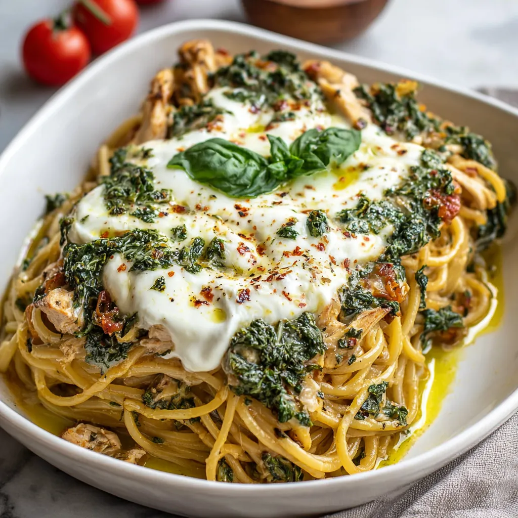 A plate of spaghetti with chicken and burrata.