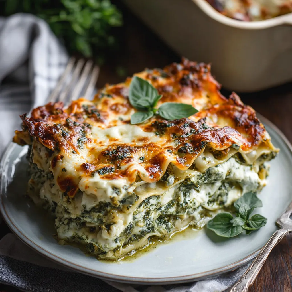 A plate of lasagna with sage and pesto.