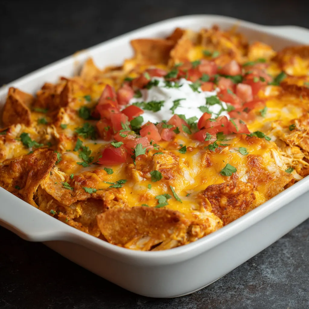 A white plate with a casserole of chicken and tomatoes.