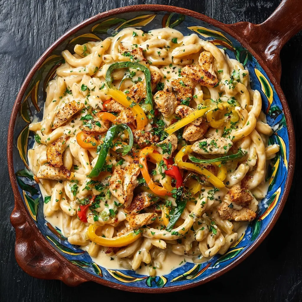 A bowl of pasta with chicken and peppers.