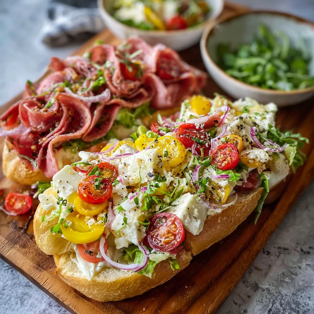 Two Italian sub sandwiches with different toppings.