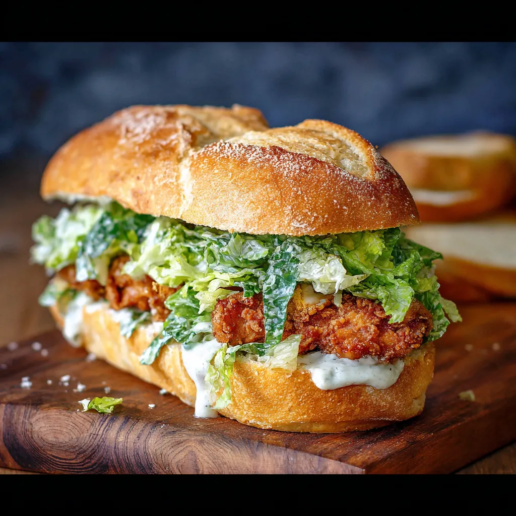 A Crispy Chicken Caesar Sandwich on a wooden table.