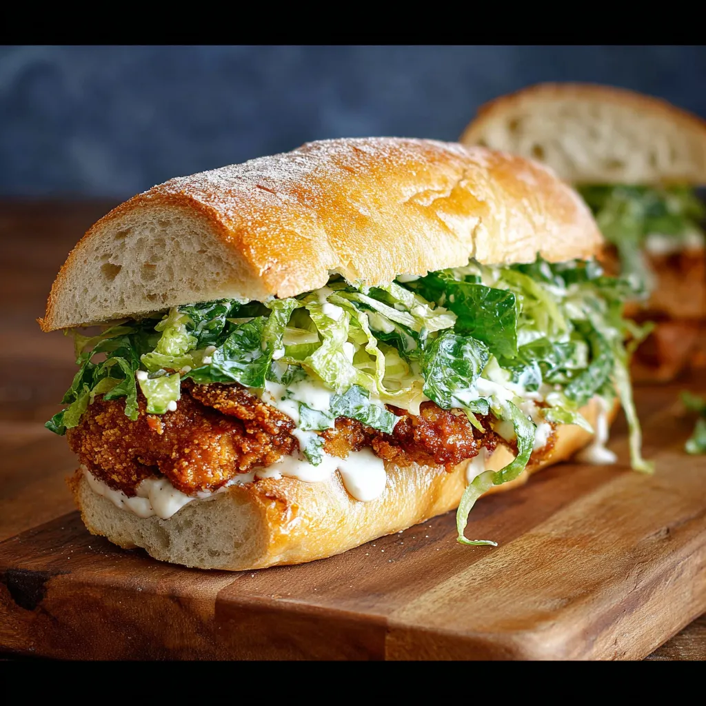 A crispy chicken Caesar sandwich on a wooden table.