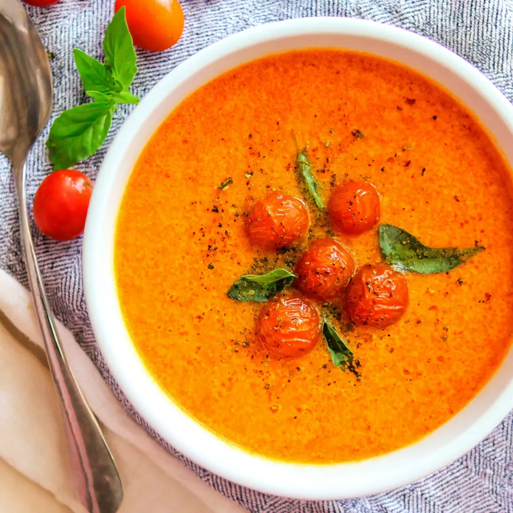 A bowl of roasted cherry tomato soup.