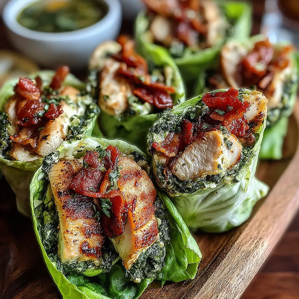 A plate of pesto chicken lettuce wraps.