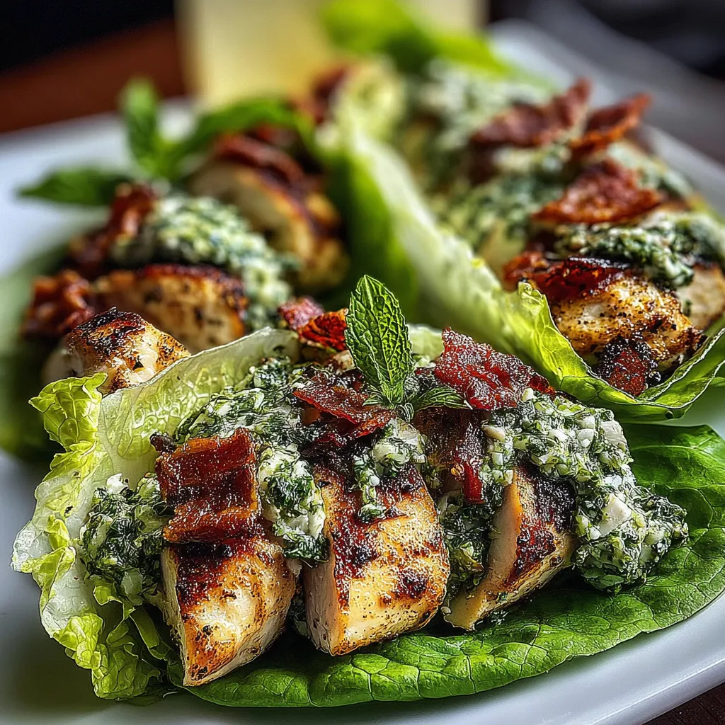 Pesto chicken lettuce wraps on a plate.