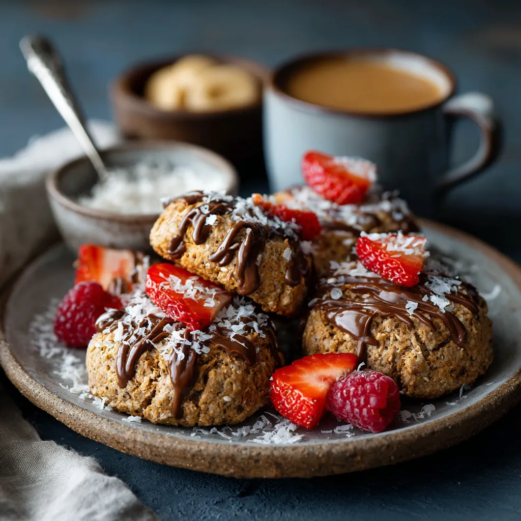 A plate of chocolate covered strawberry protein biscuits.