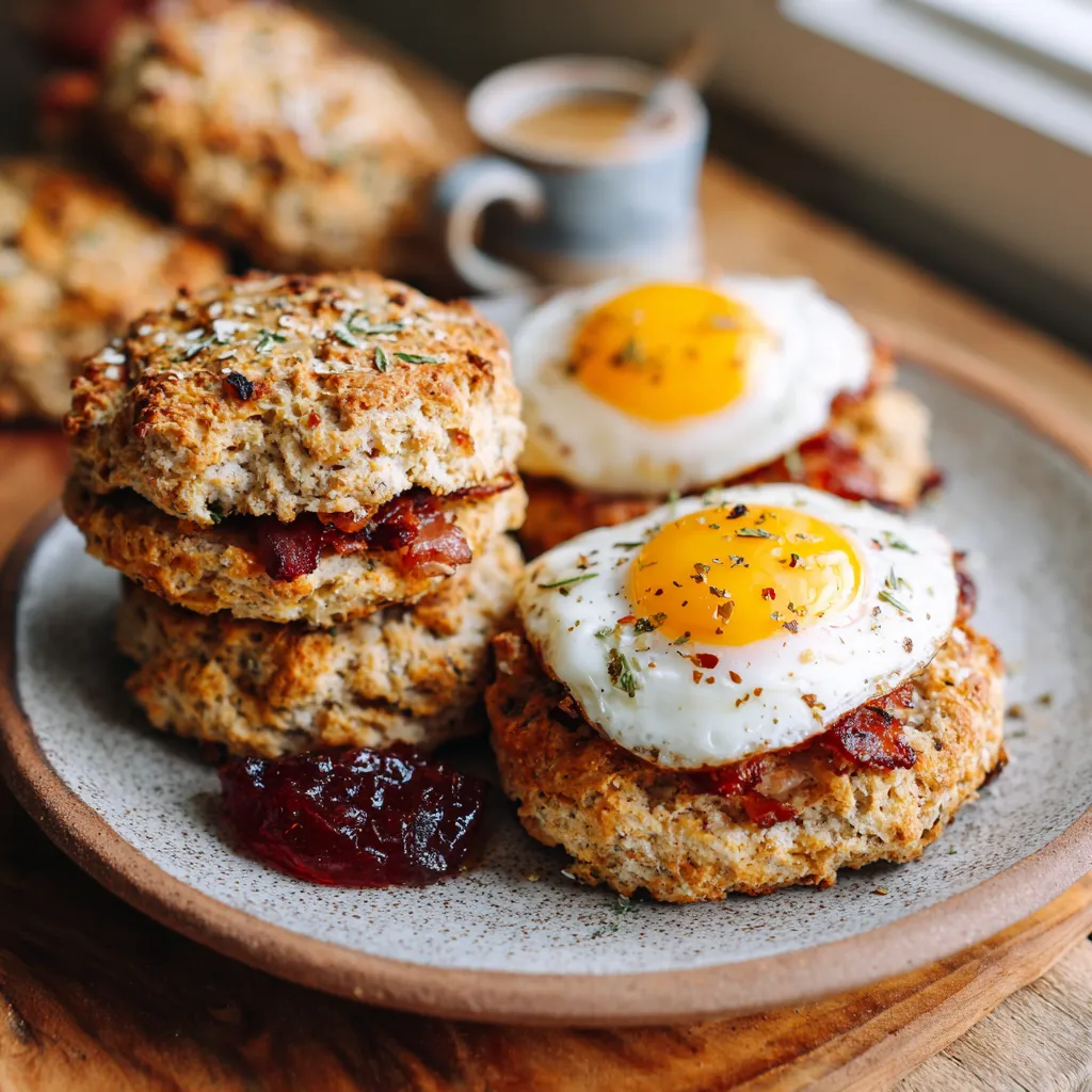 Breakfast protein biscuits with eggs and bacon.