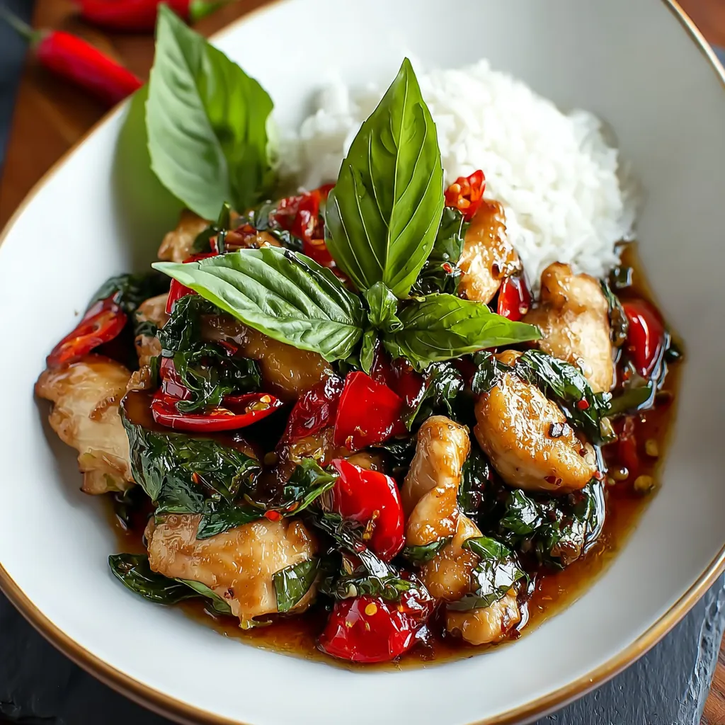 A plate of Thai Basil Chicken with rice.