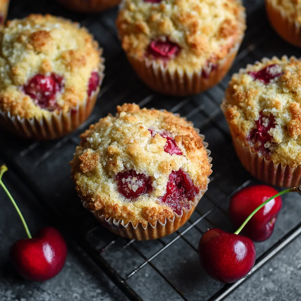 Cherry cobbler muffins on a cooling rack.