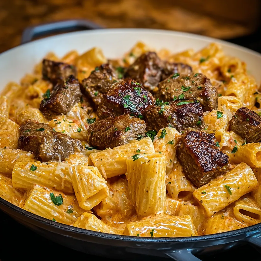 A delicious meal of Cajun Steak Tips in Cheesy Rigatoni Parmesan Sauce.