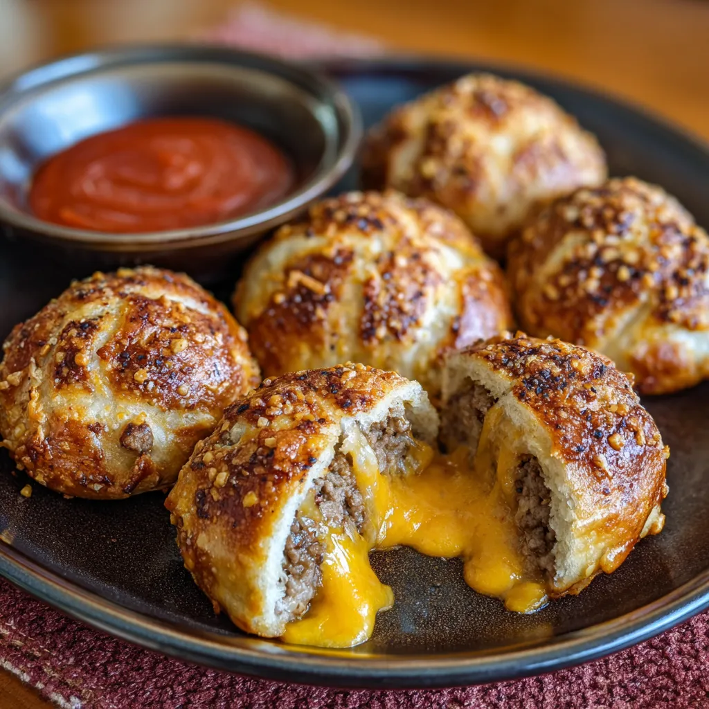 A plate of cheeseburger pretzel bombs.