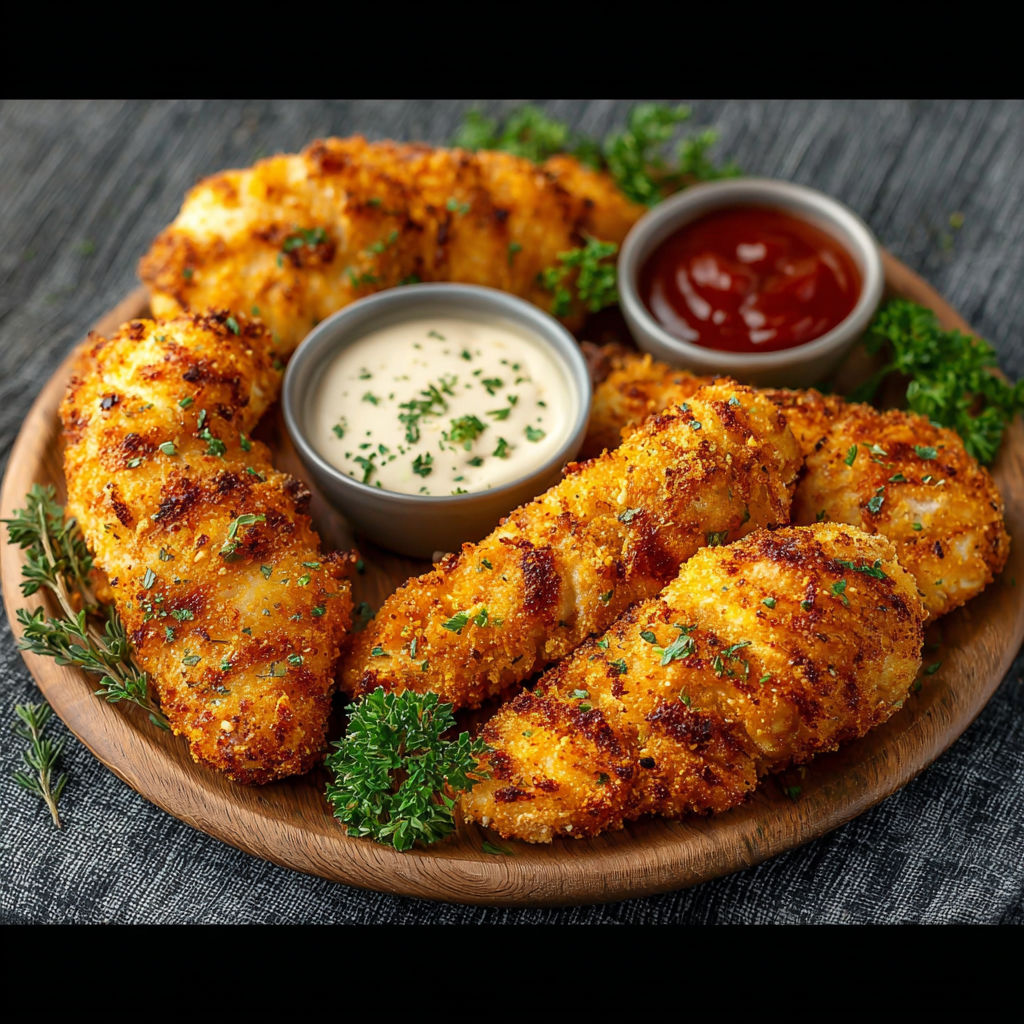 A plate of keto chicken tenders with dipping sauce.
