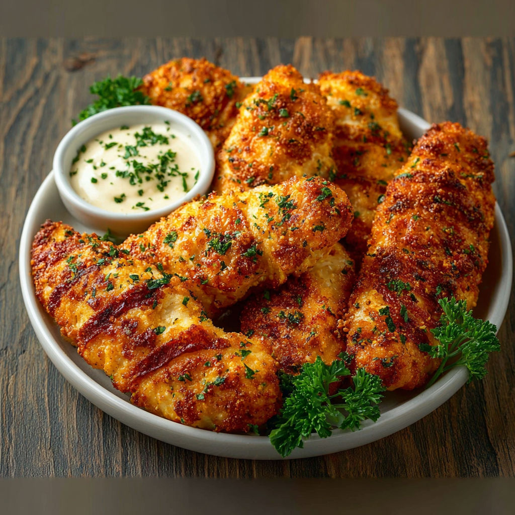 A plate of chicken tenders with a dipping sauce.