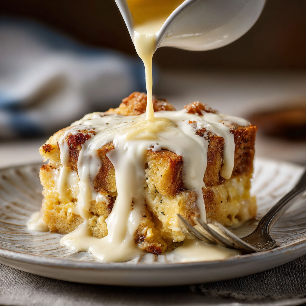 A slice of bread pudding with vanilla sauce drizzled over it.