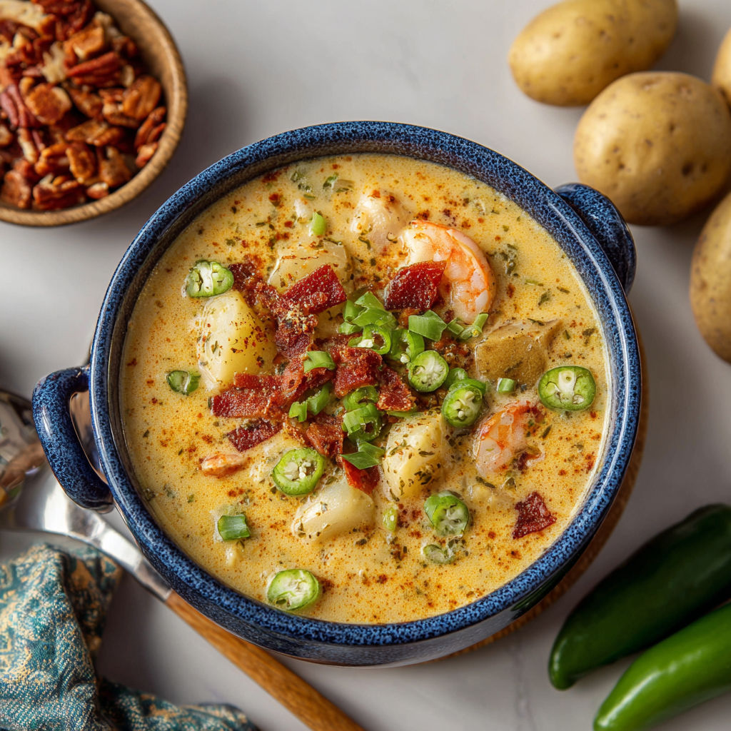 A bowl of Cajun Potato Soup with a spoon in it.