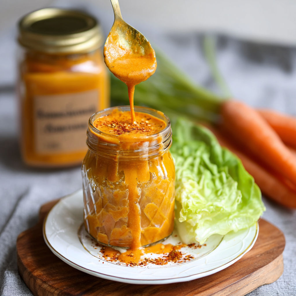 A jar of Japanese carrot ginger dressing is being poured into a bowl.