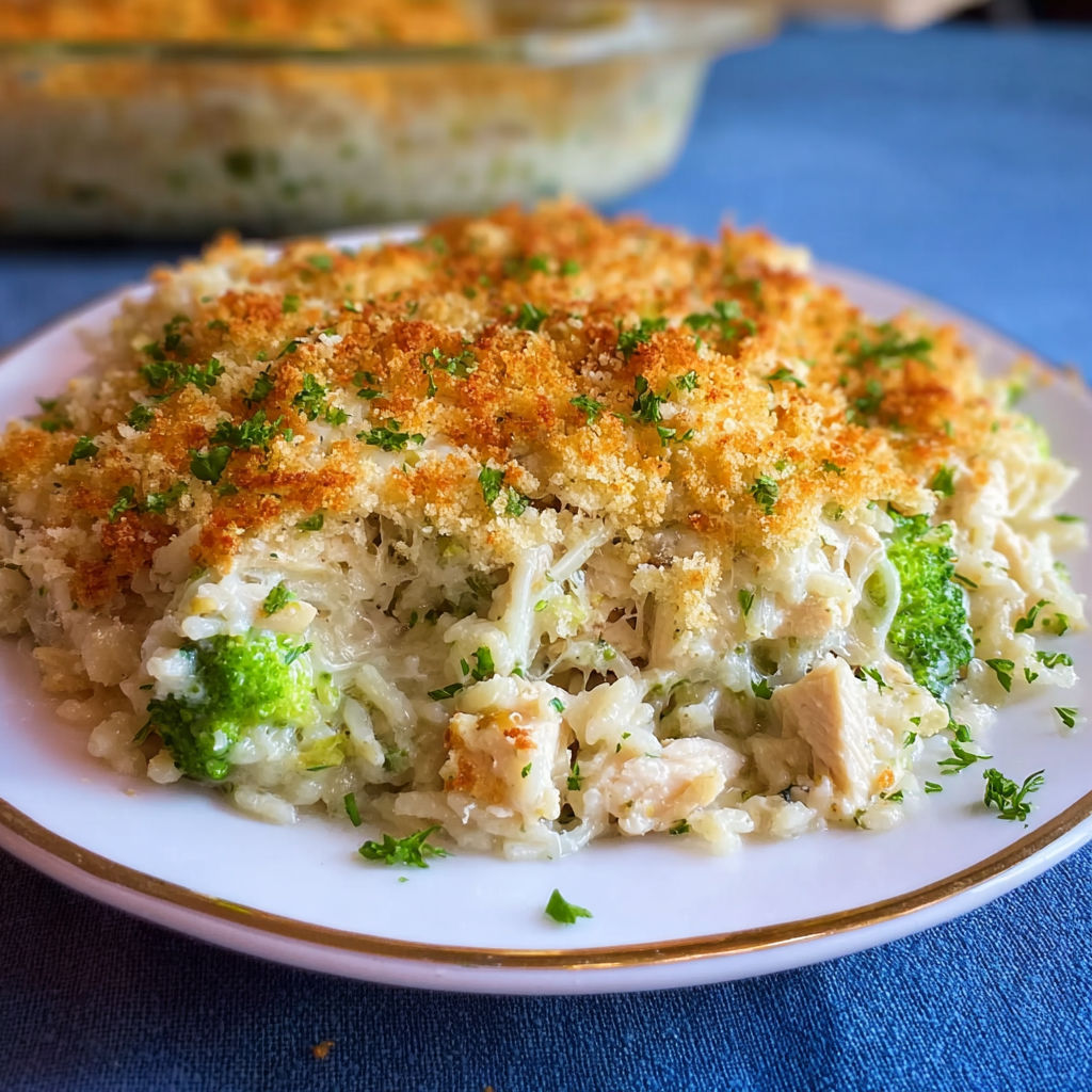 A plate of chicken alfredo rice casserole.