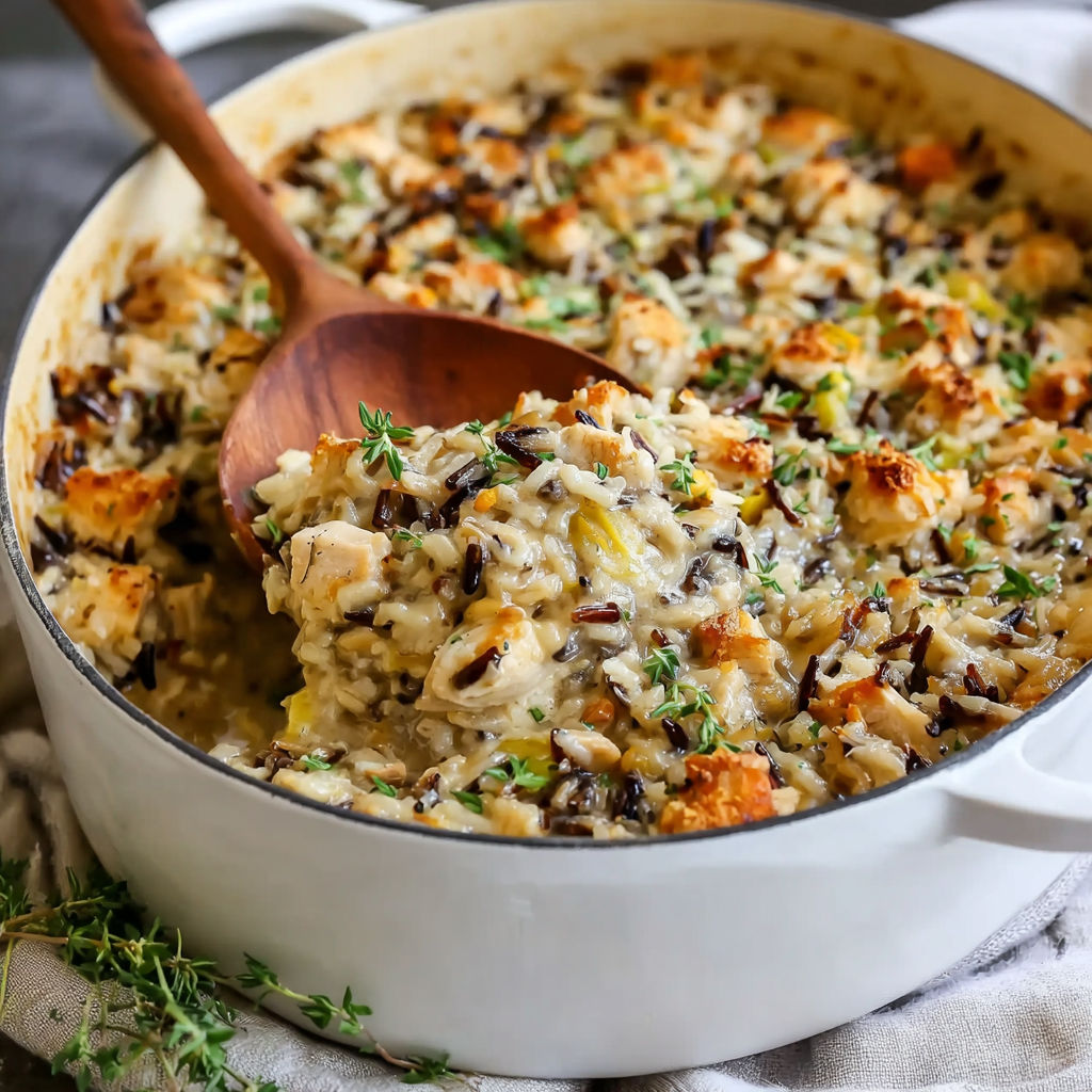 A wooden spoon is in a bowl of chicken and rice.