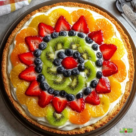 A fruit pizza with kiwi, strawberries, blueberries, and oranges.