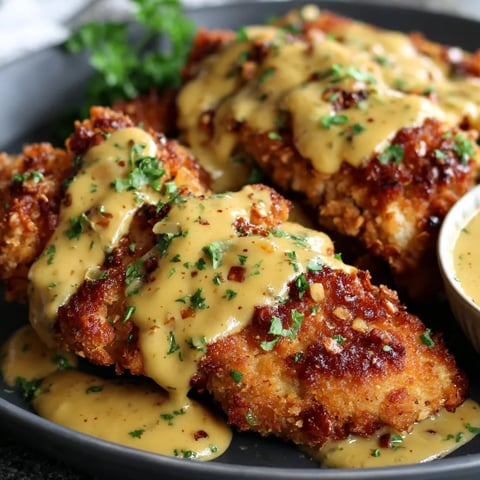 A plate of chicken with sauce on it.