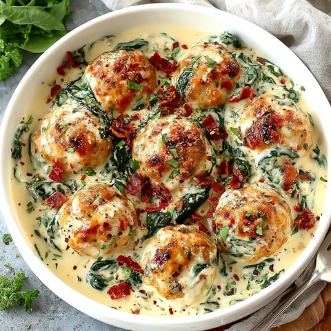 A plate of baked chicken meatballs with spinach alfredo sauce.