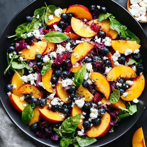A bowl of salad with blueberries and peaches.