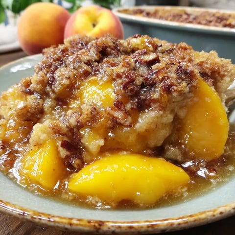 A plate of peach cobbler with a brown sugar pecan crust.