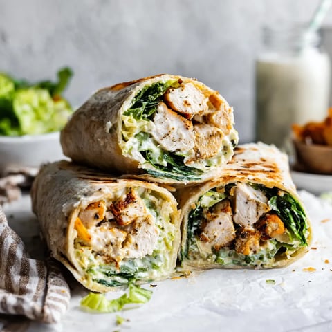 A chicken Caesar wrap is on a table.